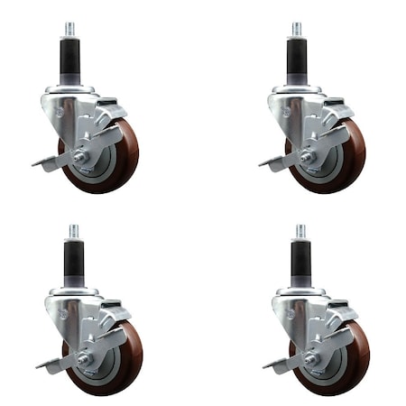 Service Caster 3.5'' Maroon Poly Swivel 1-1/8'' Expanding Stem Caster Set with Brake, 4PK SCC-EX20S3514-PPUB-MRN-TLB-118-4